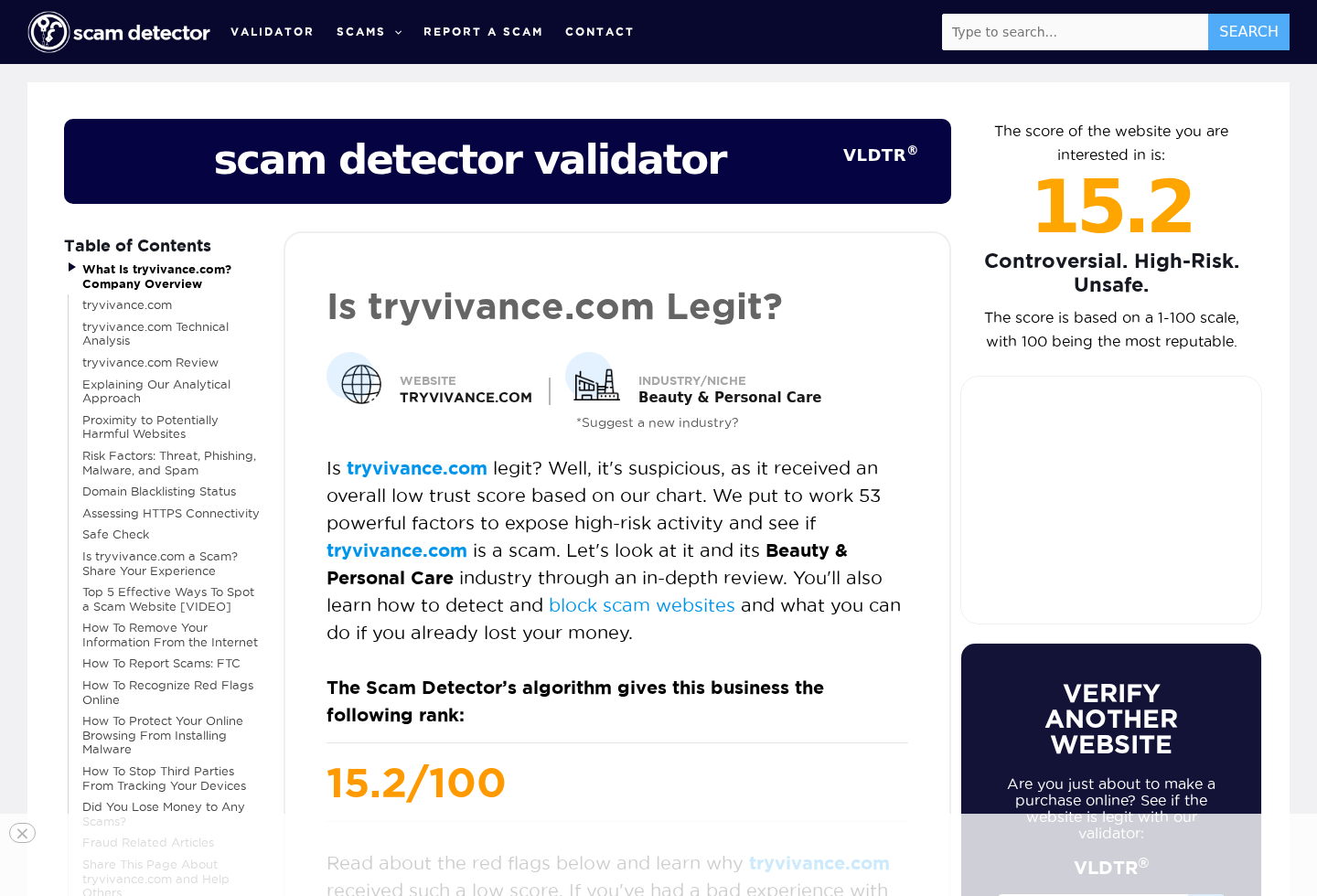 Website risk checker showing a very low score for a Vivance-related domain