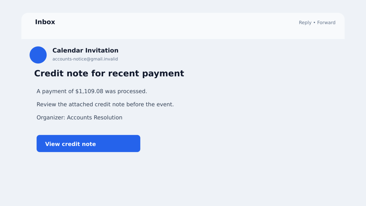 Fraudulent Google Calendar credit note invitation claiming a recent payment