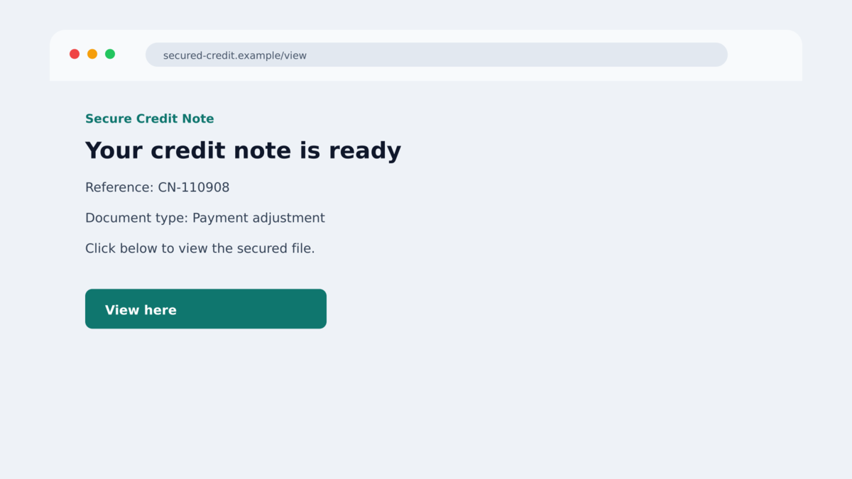 Fake credit note download page reached from a malicious calendar invitation