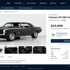 Fake car dealership website scam displaying a cloned classic car listing