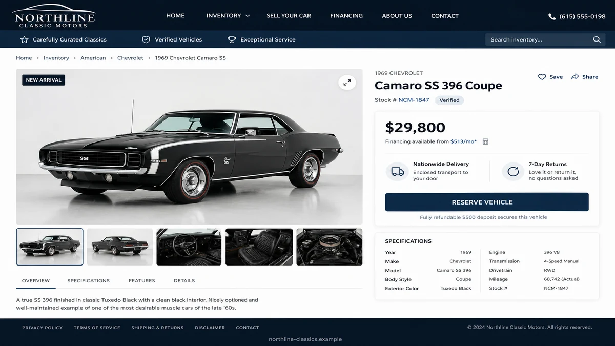 Fake car dealership website scam displaying a cloned classic car listing