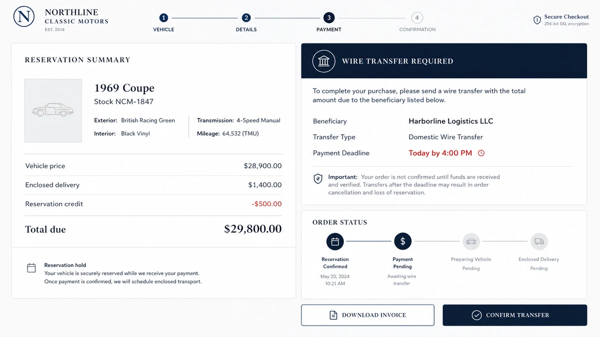 Fake car dealership checkout demanding a same-day wire transfer