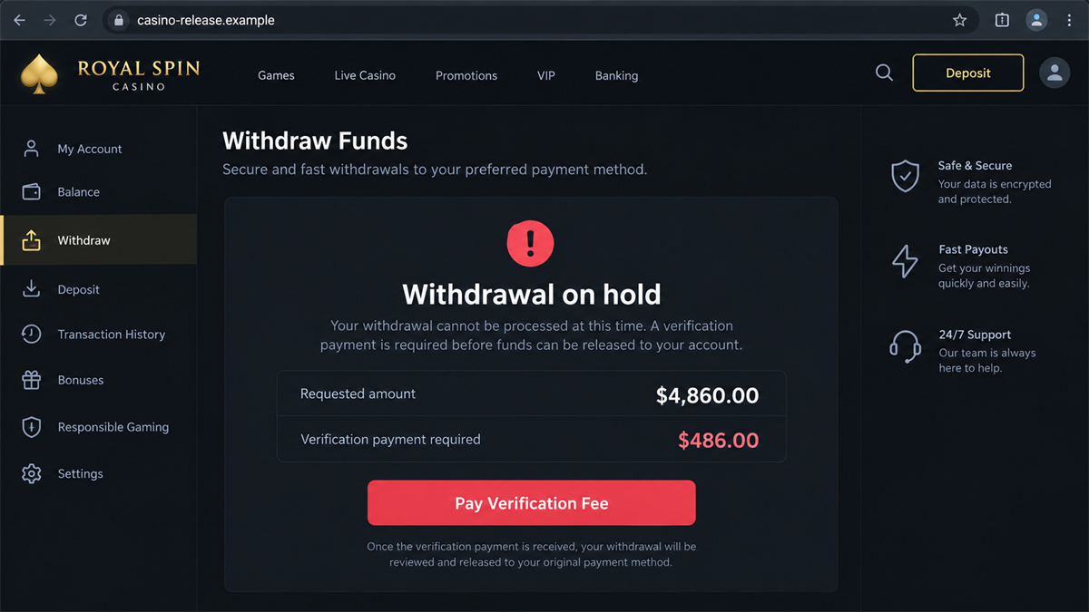 Fake Casino Apps Rig Games and Block Withdrawals 3 Realistic reconstruction of a fake casino withdrawal page demanding another payment to release winnings