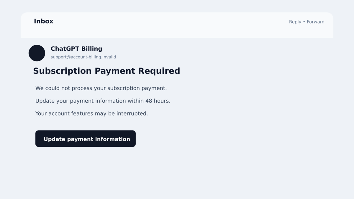 Fake ChatGPT subscription payment email demanding an update within 48 hours