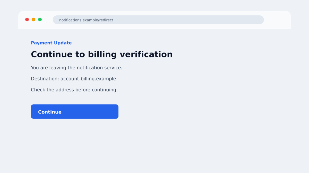 Redirect warning showing a fake ChatGPT billing link leaving a trusted service