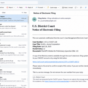Reconstruction of a fake Notice of Electronic Filing email sent to a law firm