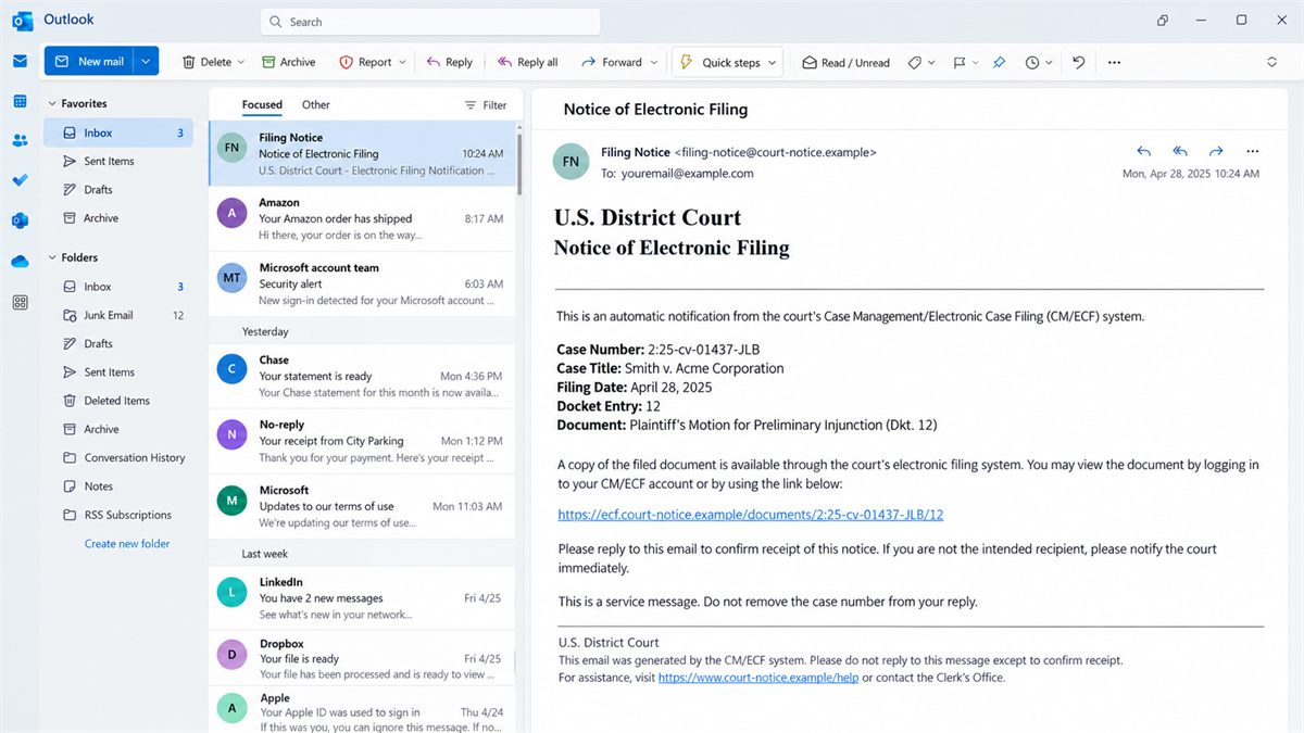 Fake Court Filing Emails Lead Lawyers to Phishing Sites 1 Reconstruction of a fake Notice of Electronic Filing email sent to a law firm