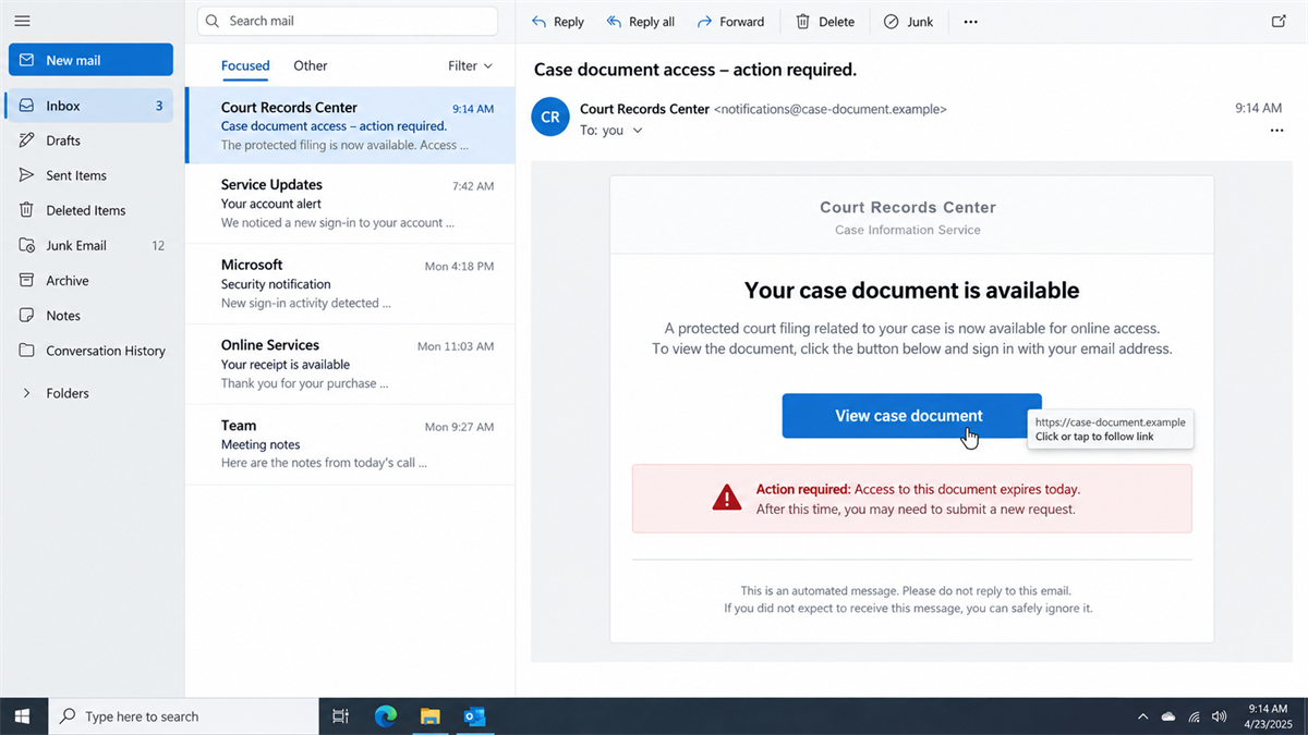 Fake Court Filing Emails Lead Lawyers to Phishing Sites 2 Reconstruction of a follow-up phishing email linking to a fake case document