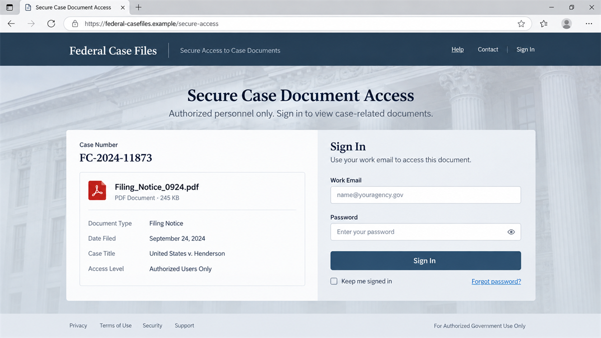 Fake Court Filing Emails Lead Lawyers to Phishing Sites 3 Reconstruction of a fake federal case portal asking for work email credentials