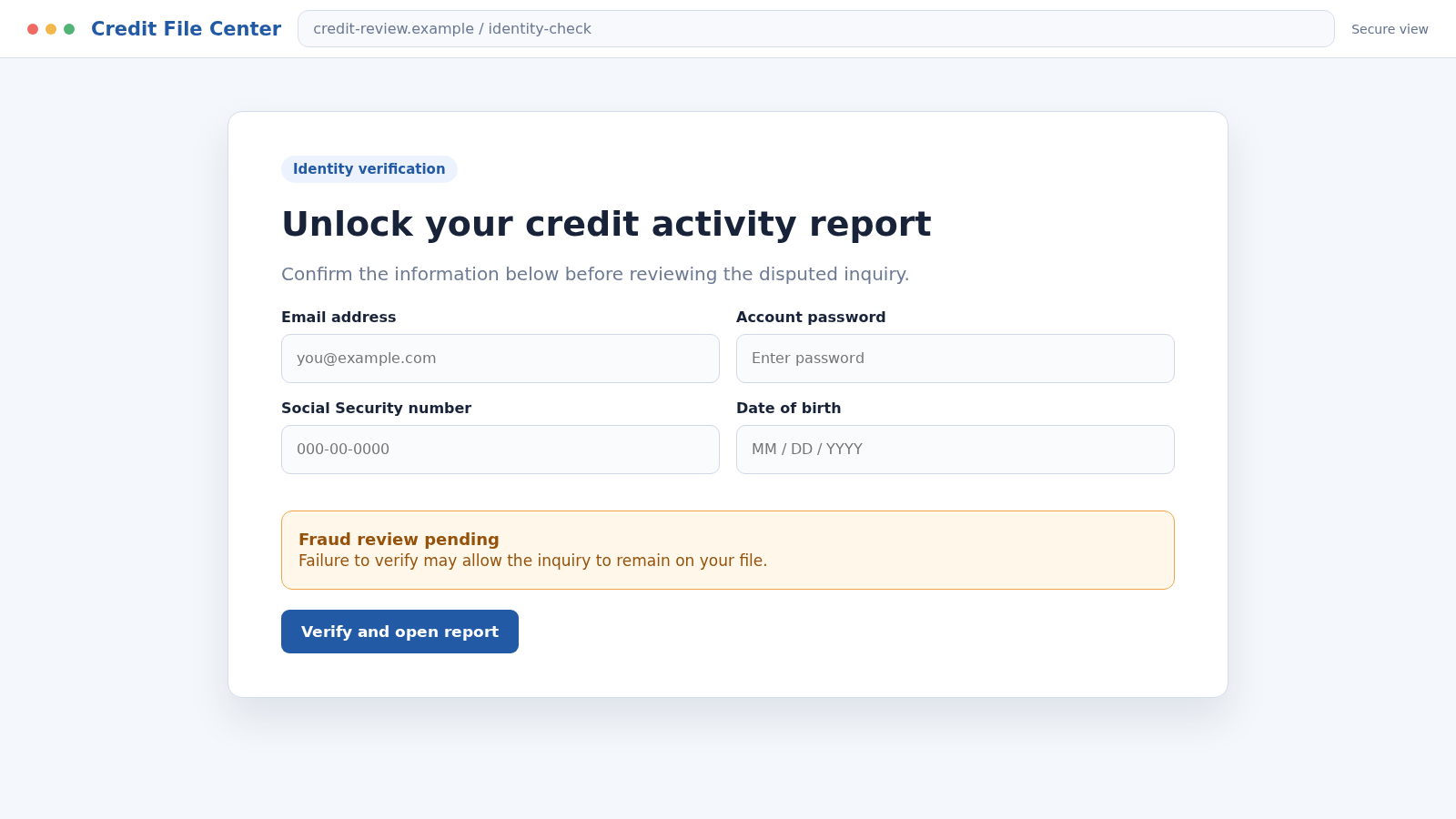 Reconstructed fake credit-report verification page requesting a Social Security number and password