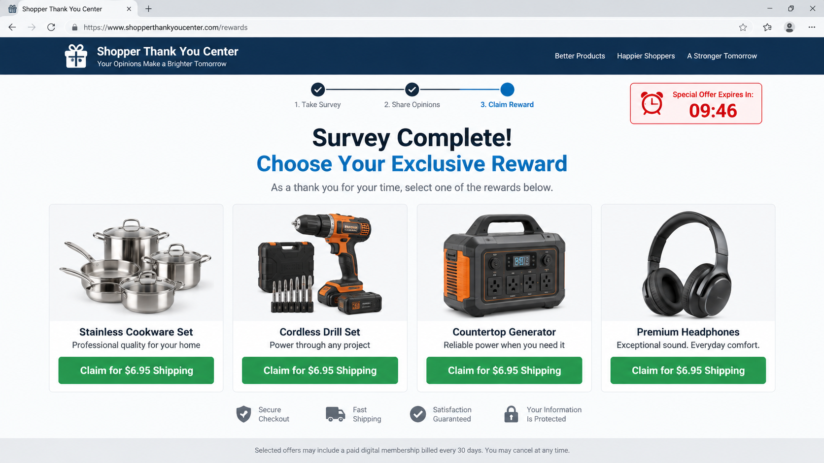 Fake survey reward selection page offering expensive products for shipping only