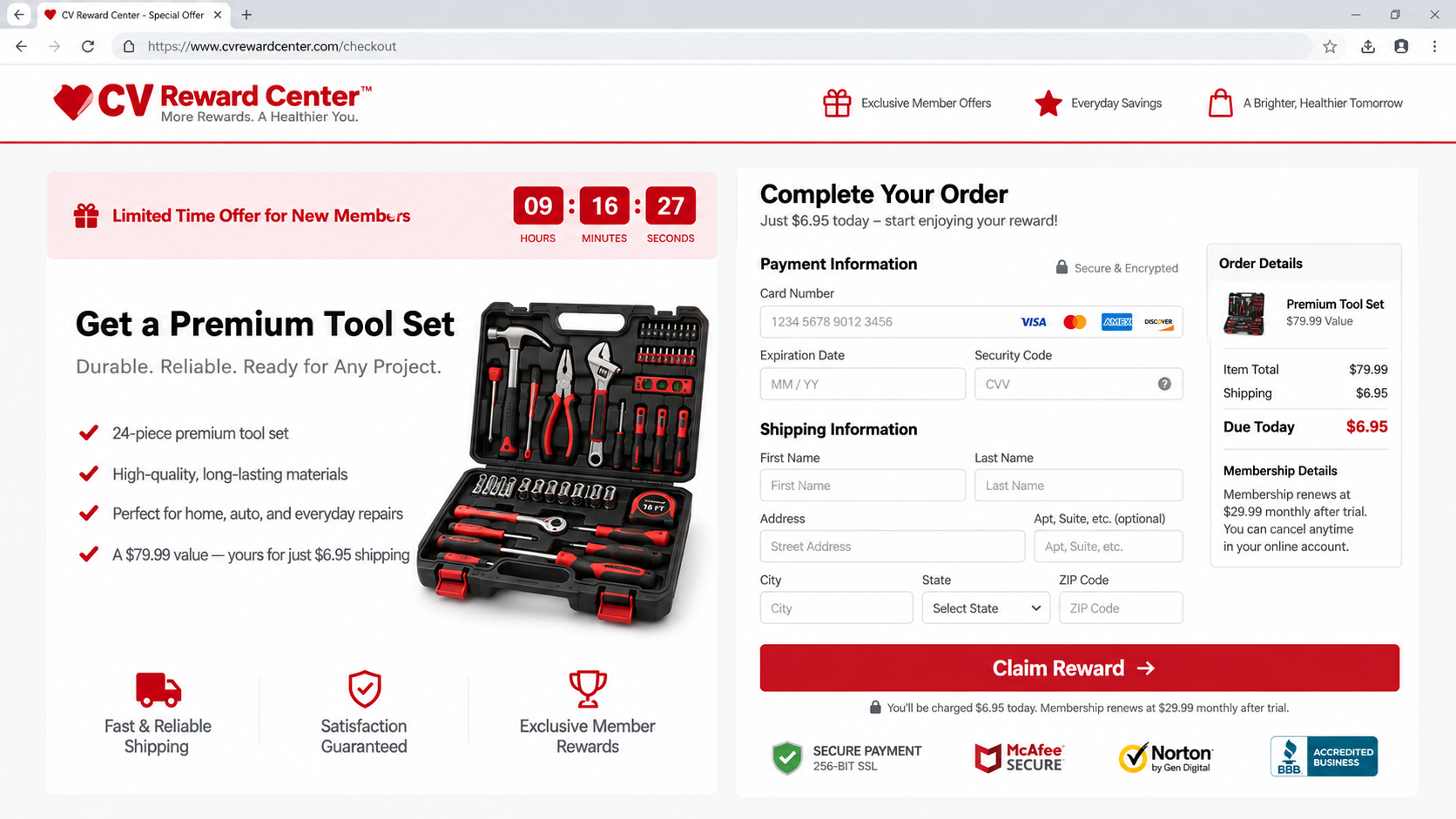 Fake prize checkout showing a small recurring membership disclosure