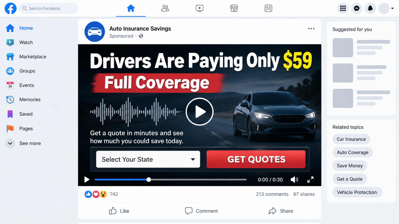 Social media car insurance video advertisement promising $59 full coverage