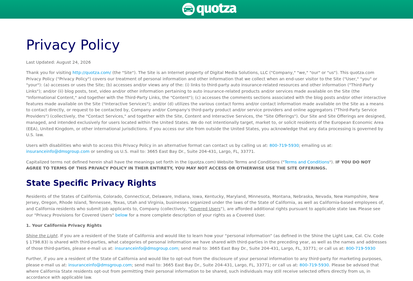 Quotza privacy policy identifying Digital Media Solutions and contact information