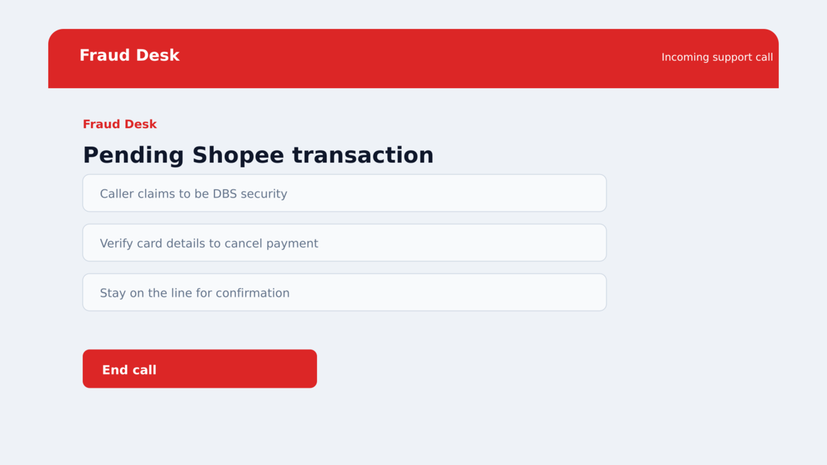 Fake DBS and Shopee iMessages Trigger Card Theft Calls 2 Fake customer-support call screen telling a victim to verify a pending card transaction