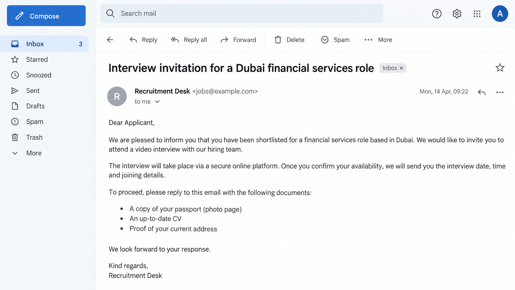 Illustrative reconstruction of a generic Dubai financial services recruitment email, not an actual DFSA communication