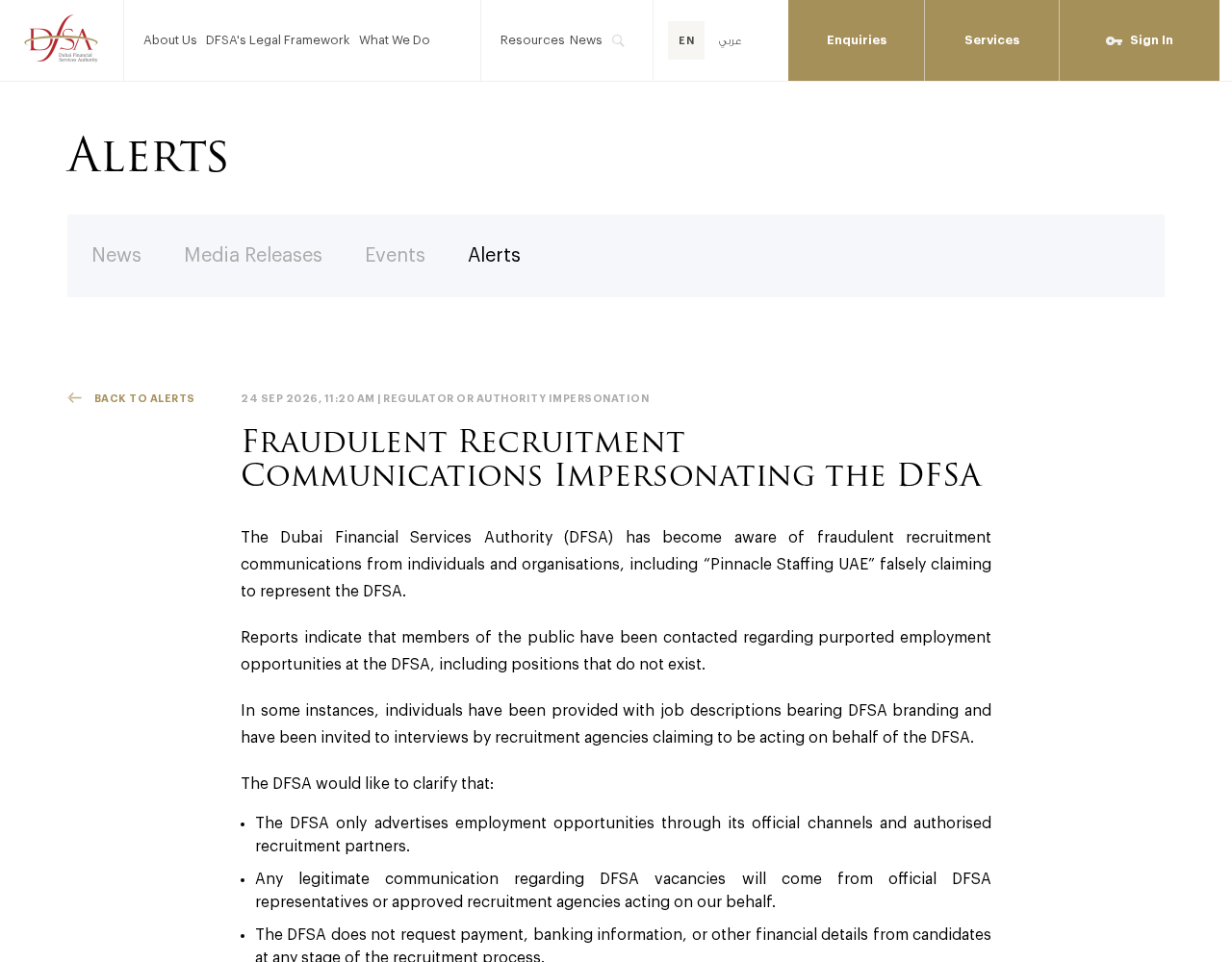 Screenshot of the DFSA public alert explaining fraudulent recruitment communications and official hiring channels
