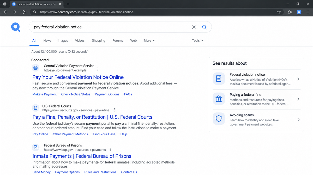 Fake Federal Ticket Payment Site Steals Card Details 1 Reconstruction of a fake federal violation payment result appearing above an official result