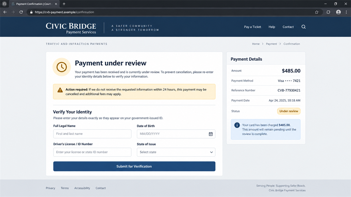 Fake Federal Ticket Payment Site Steals Card Details 3 Reconstruction of a fake ticket payment confirmation asking for more identity information