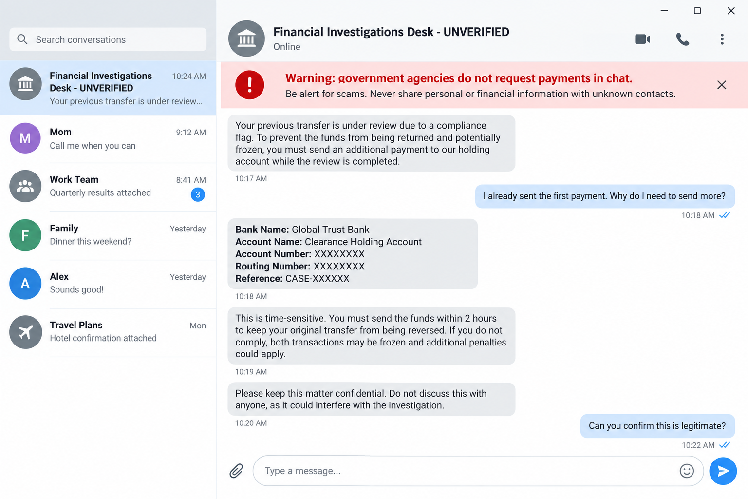 Fake Friend Call Scam Makes You Name the Impostor 2 Fictional investigation account demanding another payment after a fake friend transfer