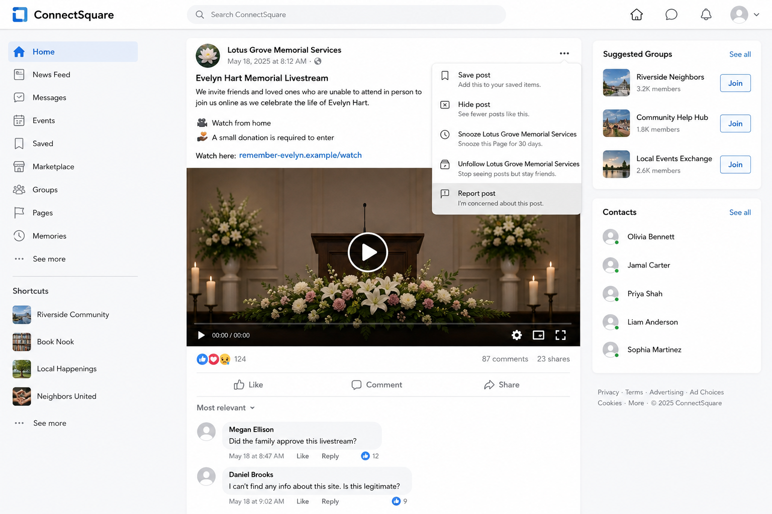 Fake funeral livestream scam shown on a fictional social network