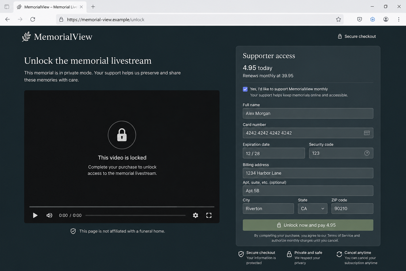 Fictional funeral livestream paywall requesting card details and recurring access