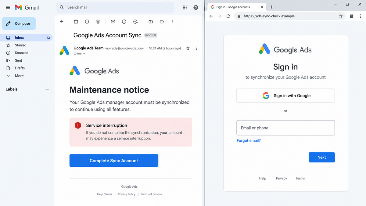 Fake Google Ads Sync Emails Steal Account Logins 1 Fake Google Ads account sync email leading to a copied sign-in page