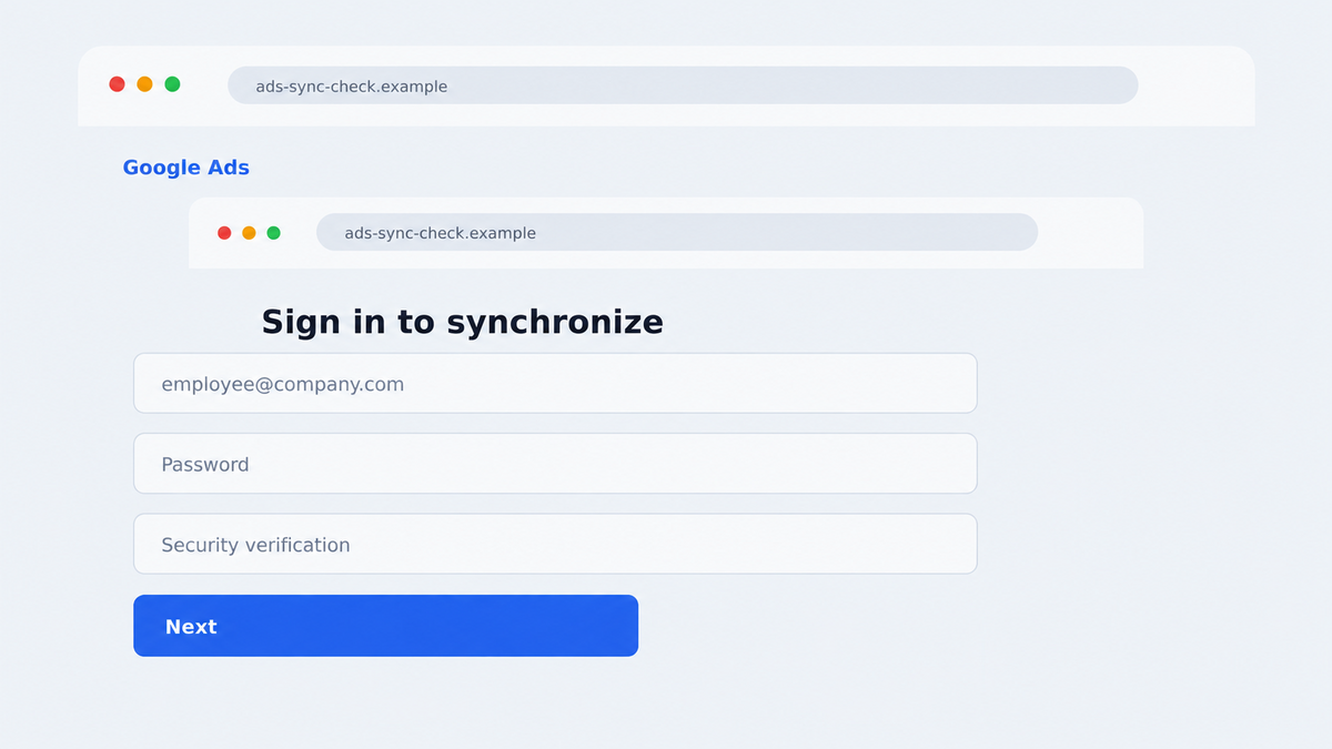 Fake Google Ads Sync Emails Steal Account Logins 3 Lookalike Google Ads login form on an unrelated account synchronization domain