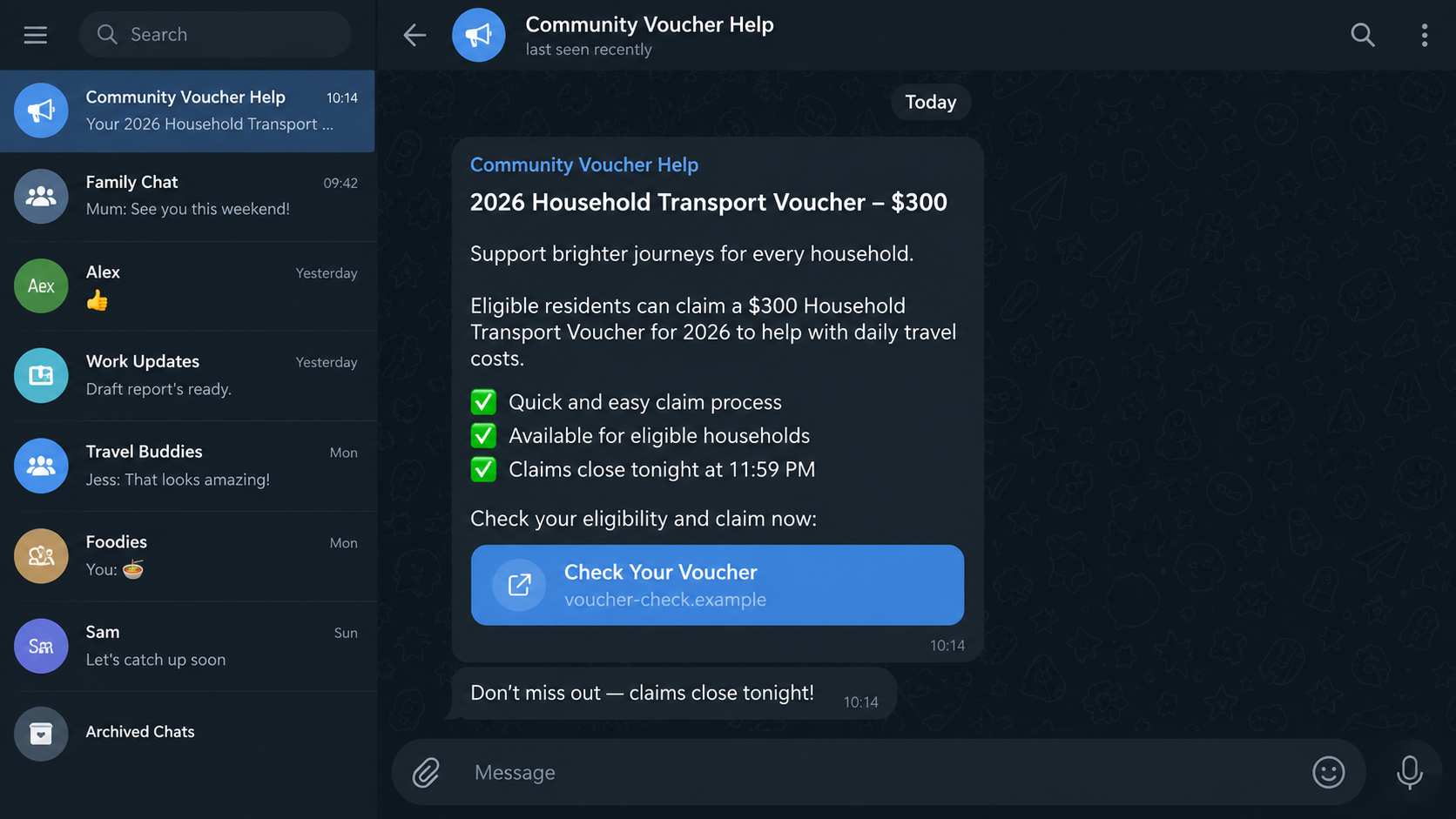 Fictional Telegram message offering a government voucher through an external link