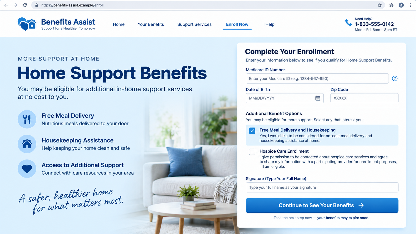 Fictional online benefits form used to illustrate a fake hospice enrollment offer