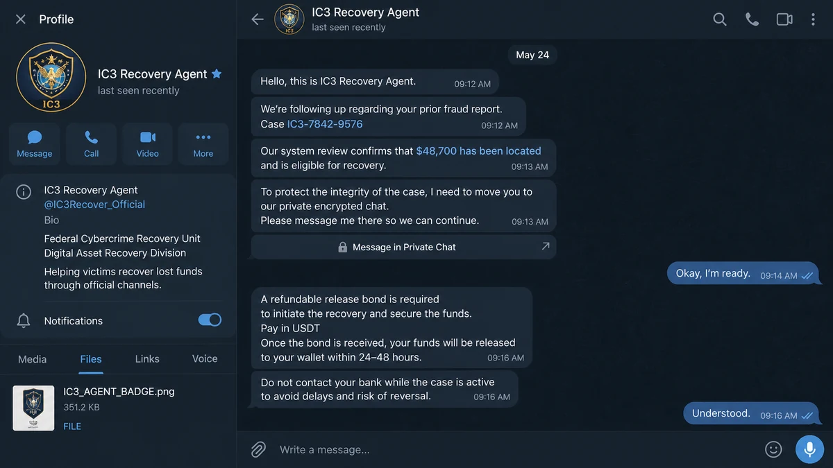 Fake IC3 recovery agent demanding a cryptocurrency release payment