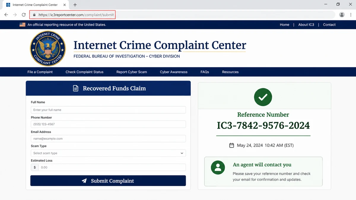 Fake IC3 recovery scam form on a spoofed complaint website