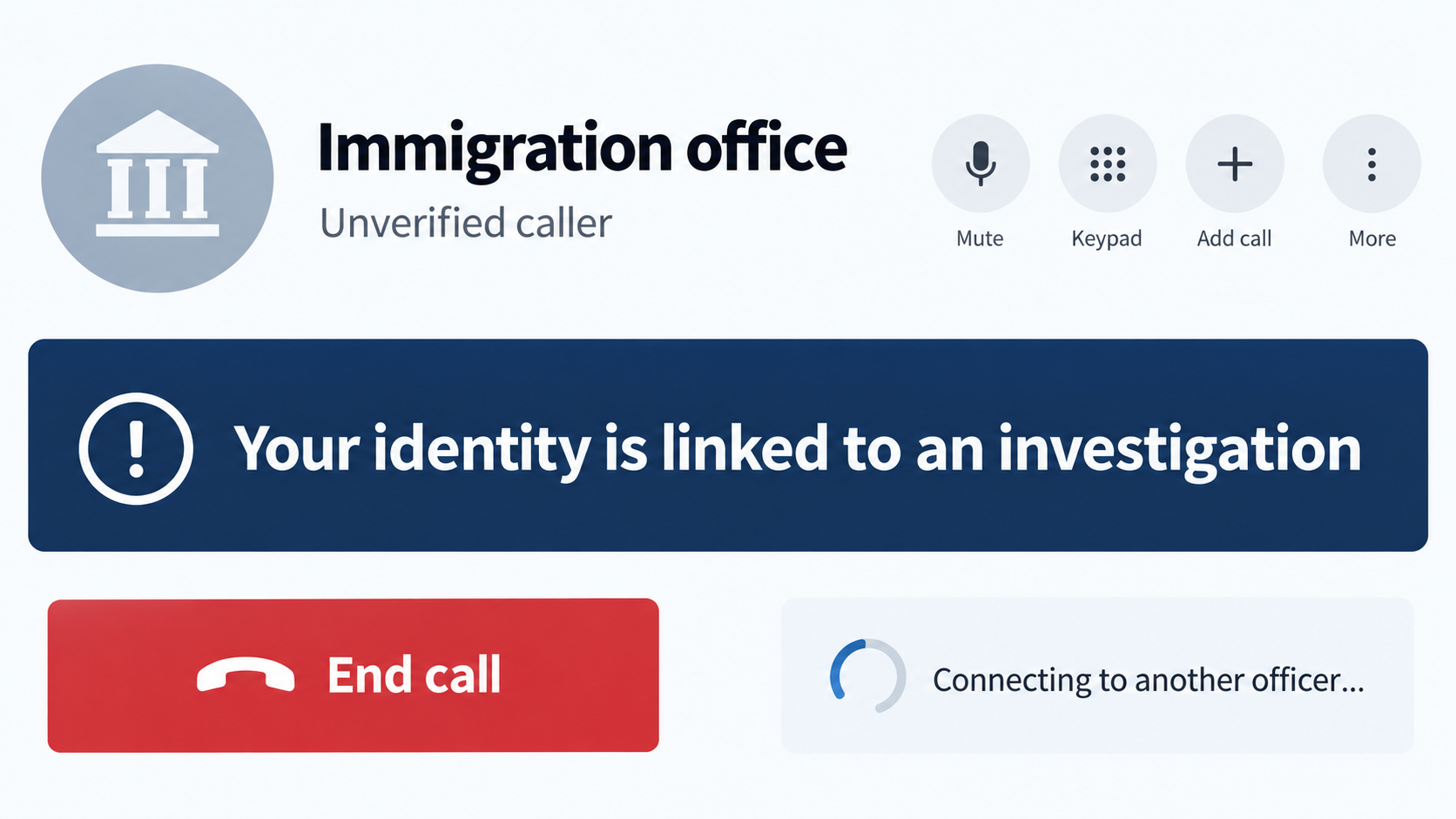 Illustrative incoming call screen for an unverified caller claiming to be from an immigration office