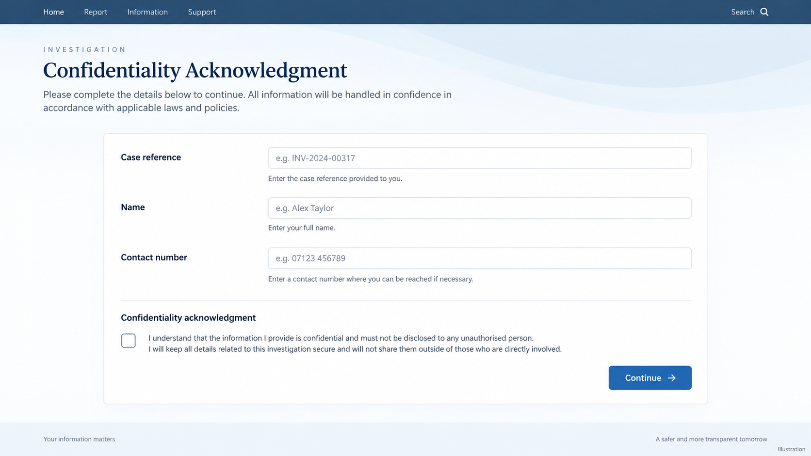 Illustrative confidentiality acknowledgement form similar to documents used in authority impersonation calls