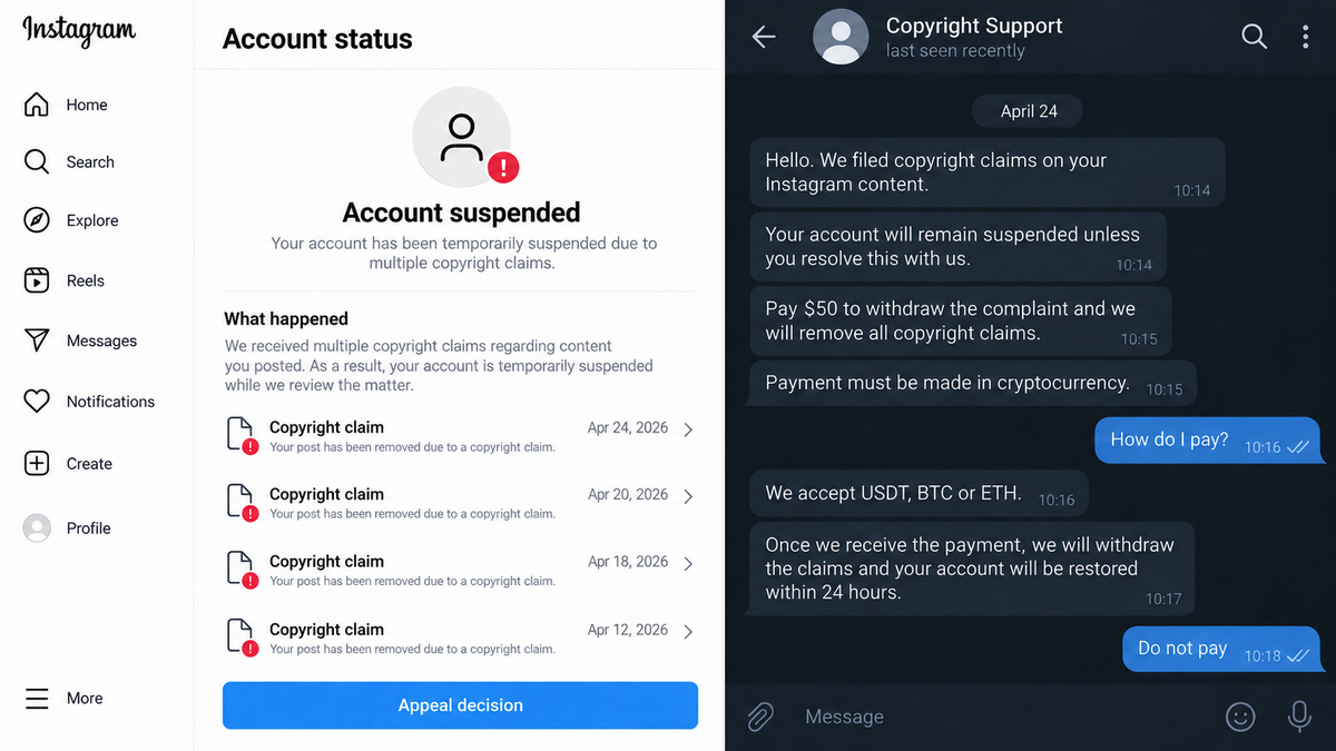 Fake Instagram Copyright Claims Hold Accounts Ransom 1 Instagram account suspension paired with a cryptocurrency demand to withdraw copyright complaints