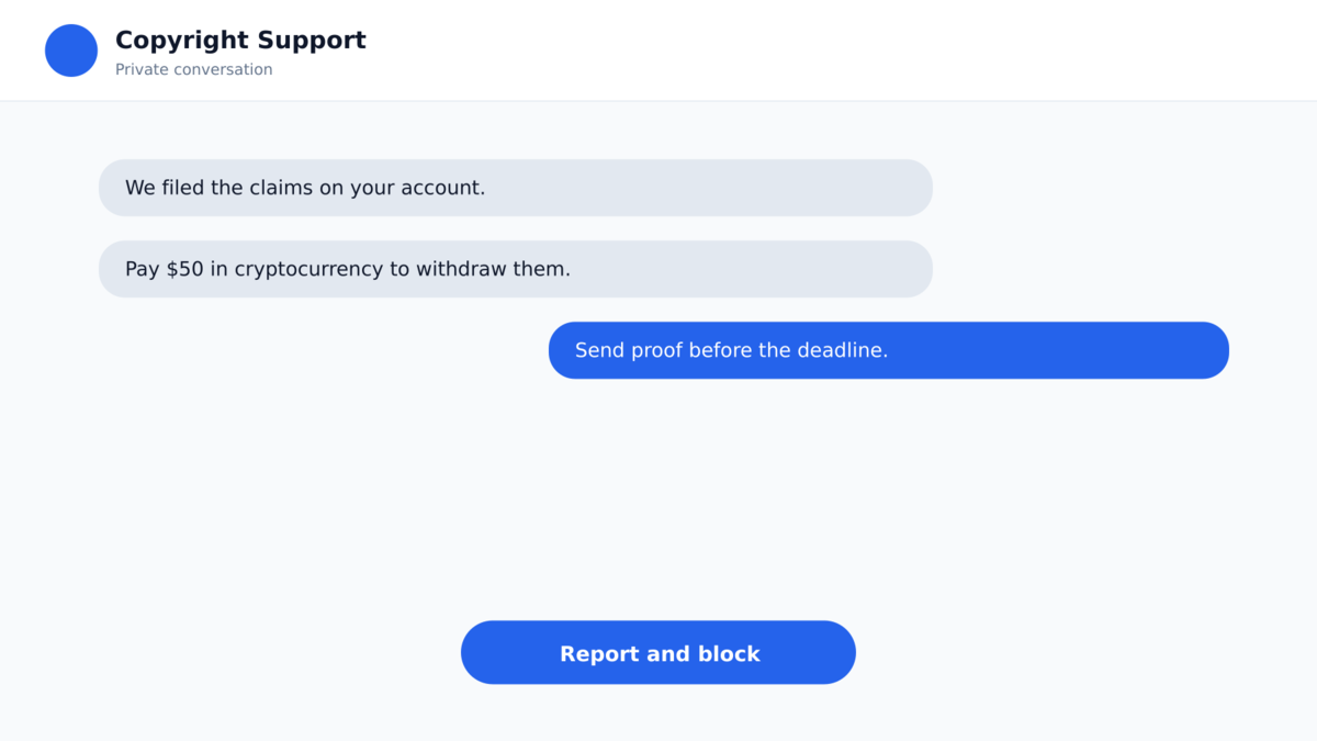 Fake Instagram Copyright Claims Hold Accounts Ransom 3 Telegram-style extortion message demanding payment to withdraw Instagram copyright claims