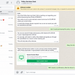 Fake insurance cancellation chat urging the recipient to start a screen-sharing call