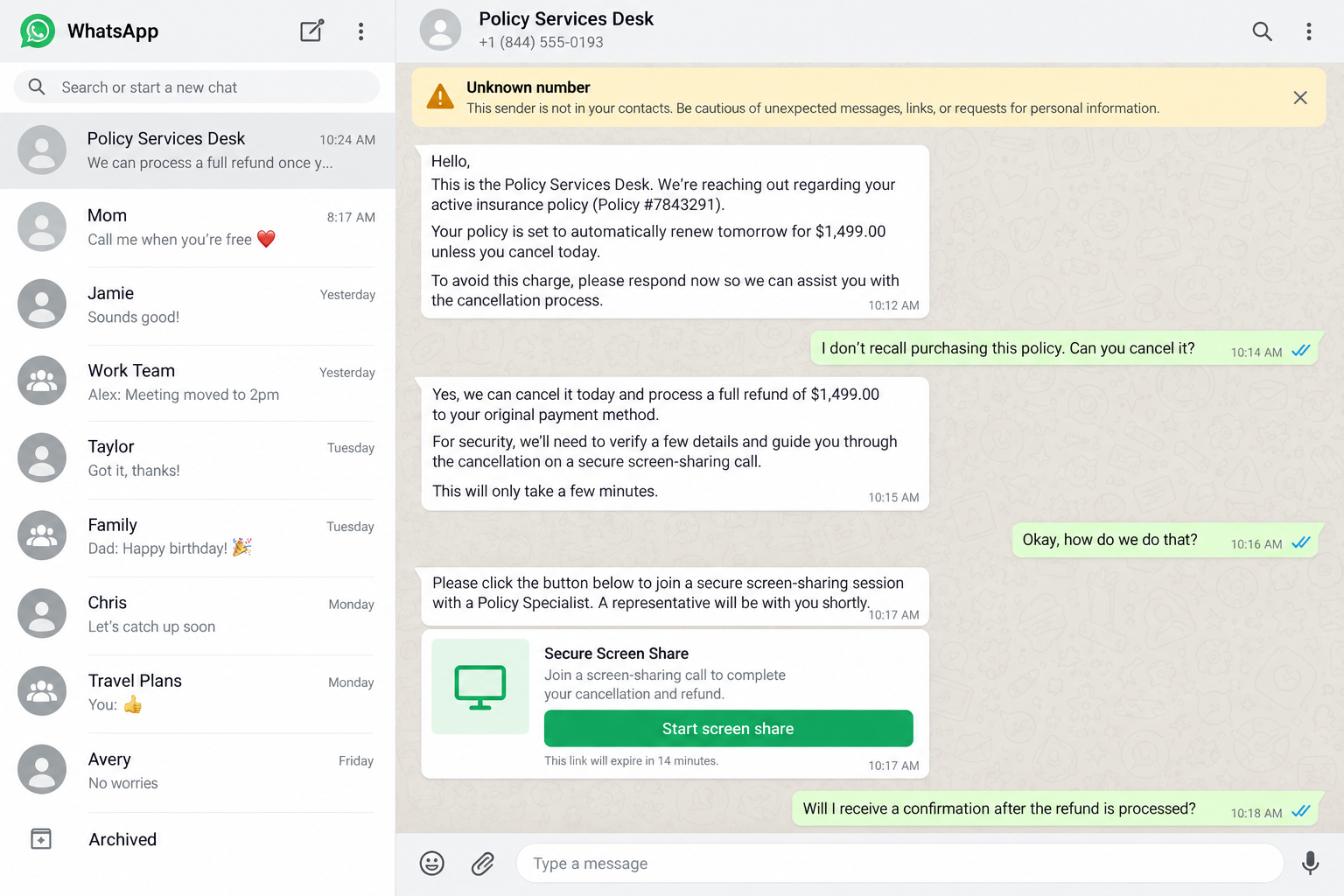 Fake Insurance Cancellation Call Drains Your Bank Account 1 Fake insurance cancellation chat urging the recipient to start a screen-sharing call