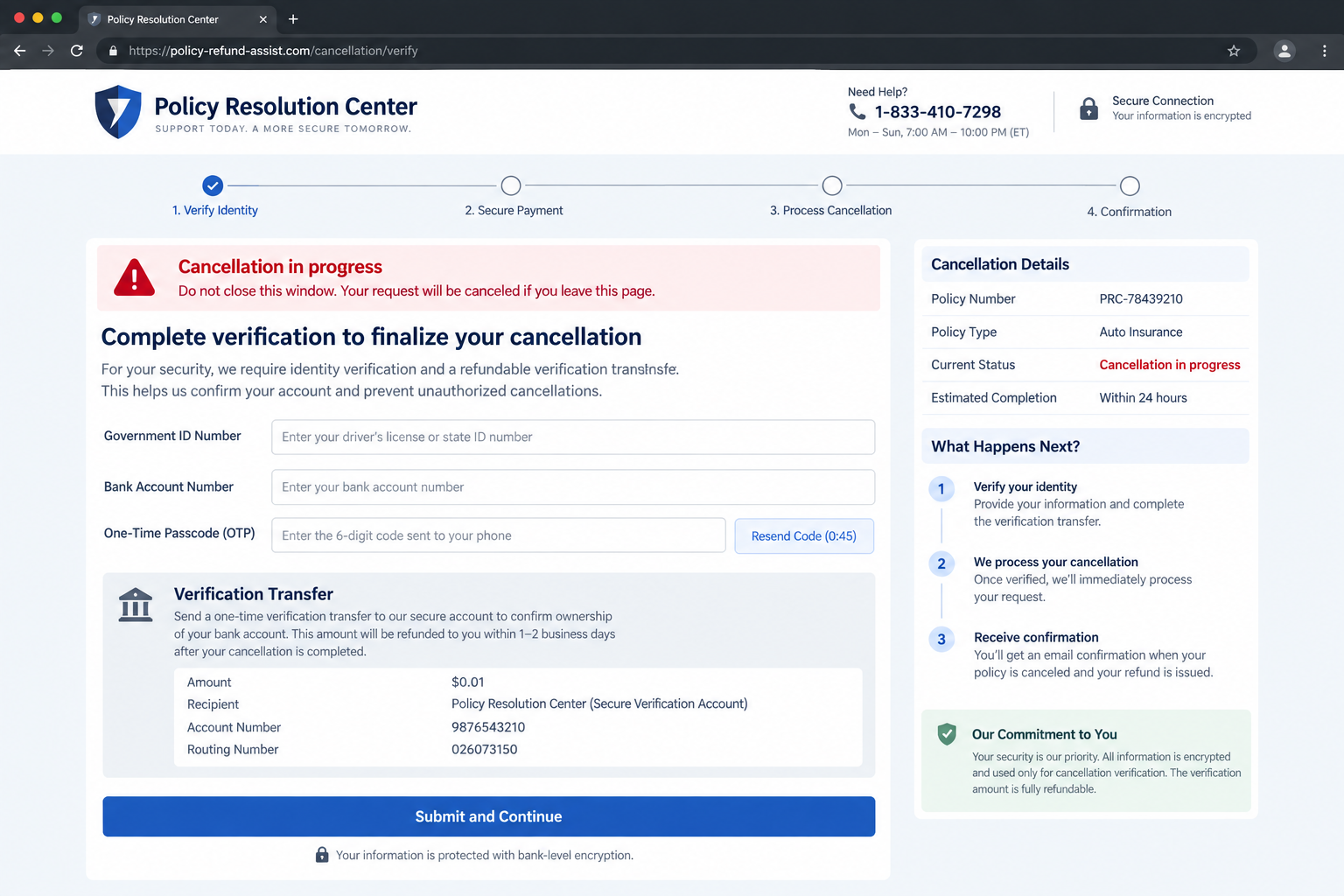 Fake Insurance Cancellation Call Drains Your Bank Account 2 Fictional insurance cancellation page requesting bank details and a one-time code