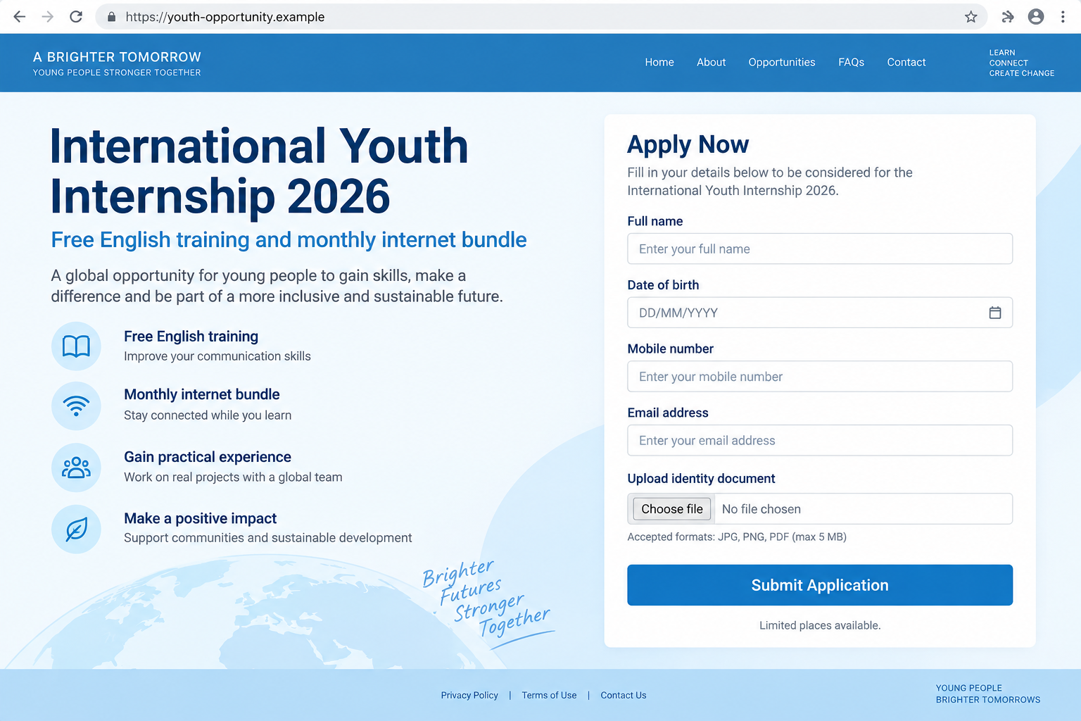 UNICEF Internship Scam Uses Fake Jobs and Free Data 2 Illustrative fake youth internship application form requesting identity information at a fictional website