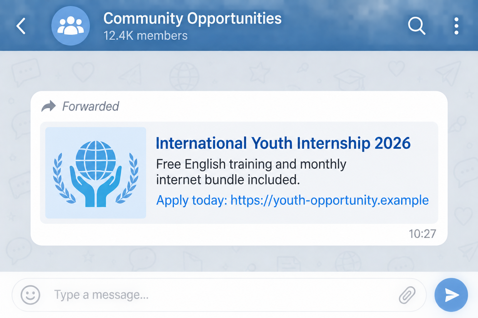 UNICEF Internship Scam Uses Fake Jobs and Free Data 1 Illustrative fake international youth internship message offering English training and a monthly internet bundle