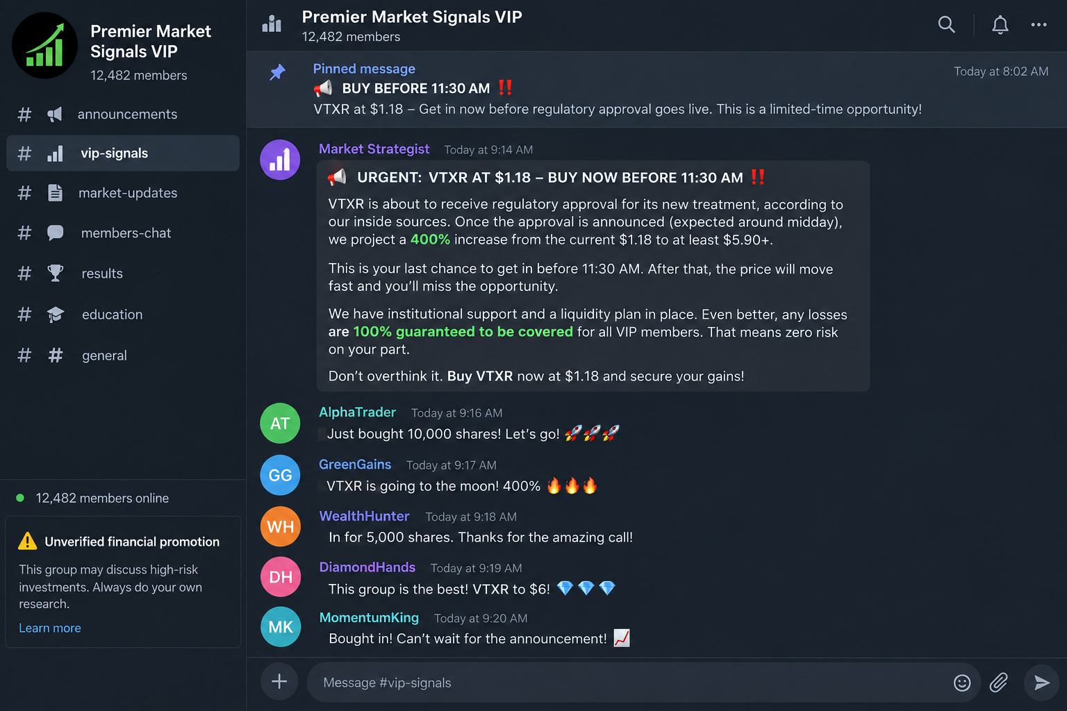 Fake online investment club urgently promoting a fictional low-priced stock