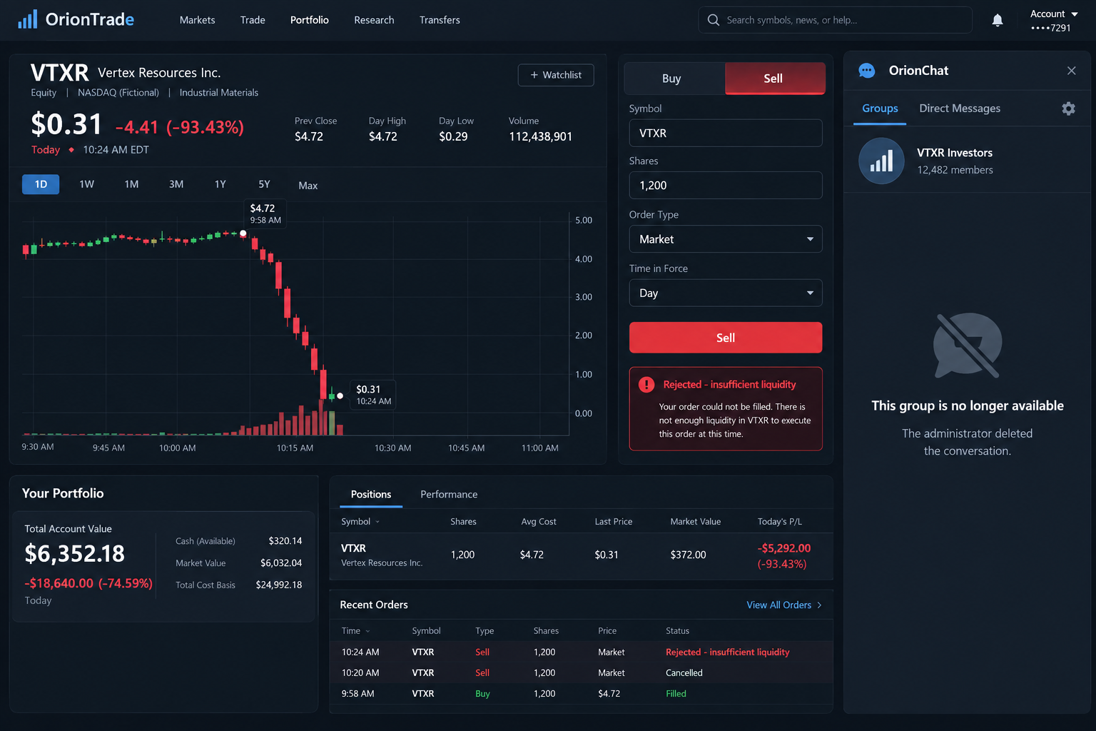 Fictional brokerage dashboard showing a stock collapse after an investment club vanished