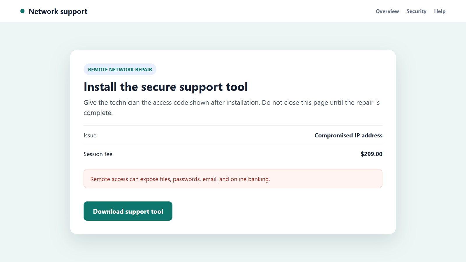 Reconstructed fake ISP remote support page requesting software installation and payment