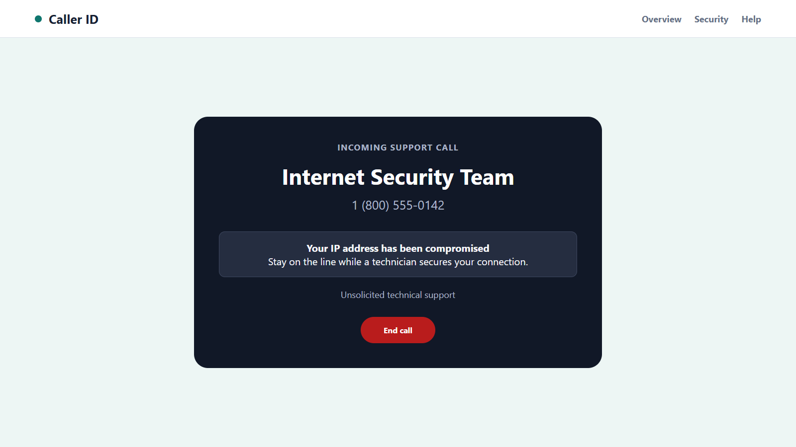 Reconstructed fake ISP support call claiming an internet connection was compromised