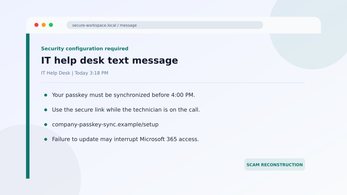 Fake IT Help Desk Passkey Scam Steals Cloud Accounts 1 IT help desk text message used in the Fake IT Help Desk Passkey Scam Steals Cloud Accounts investigation