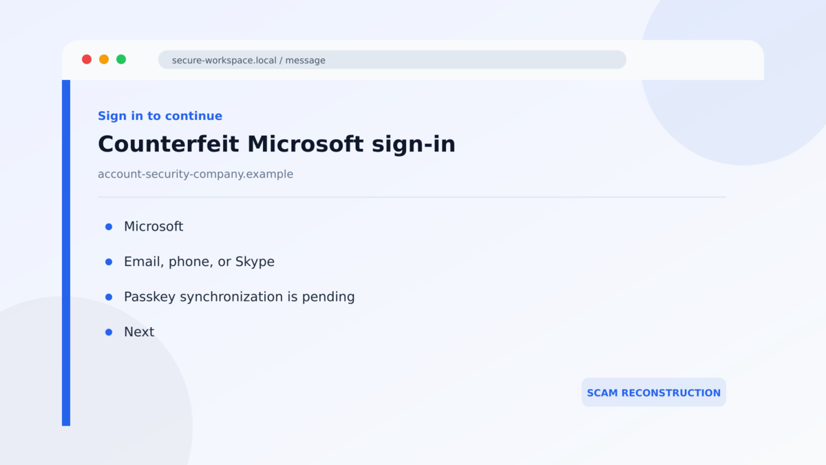 Fake IT Help Desk Passkey Scam Steals Cloud Accounts 2 Counterfeit Microsoft sign-in used in the Fake IT Help Desk Passkey Scam Steals Cloud Accounts investigation