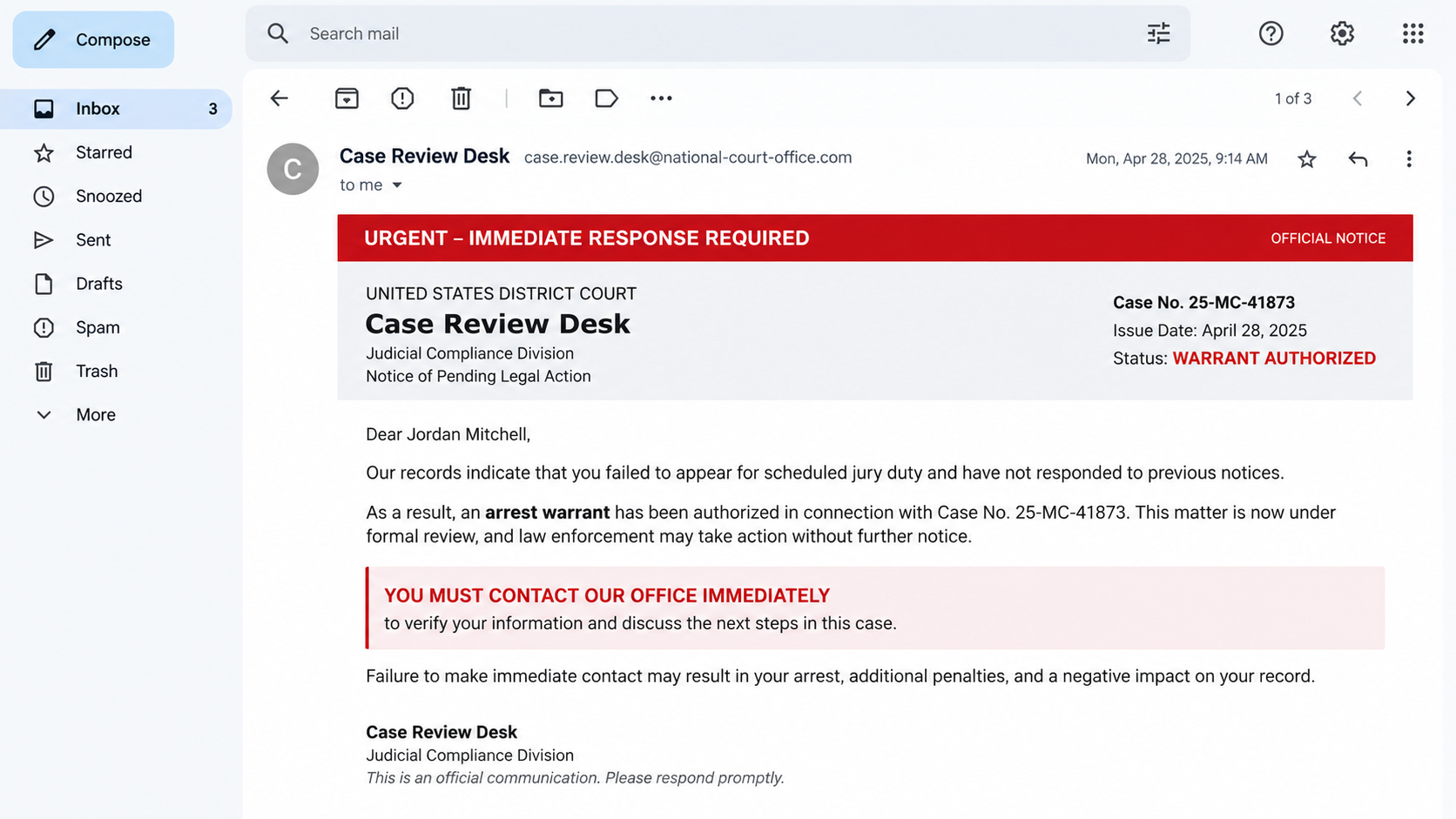 Fake Law Enforcement Warrant Scam Exposed: How the Threat Calls Really Work 1 Illustrative reconstruction of an urgent fake warrant email used with a law enforcement impersonation call