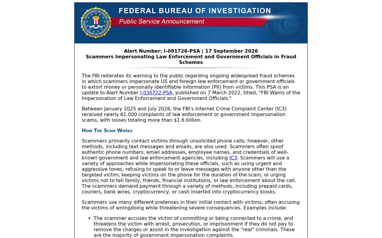 Fake Law Enforcement Warrant Scam Exposed: How the Threat Calls Really Work 2 Screenshot of the FBI IC3 September 2026 warning about law enforcement and government impersonation scams