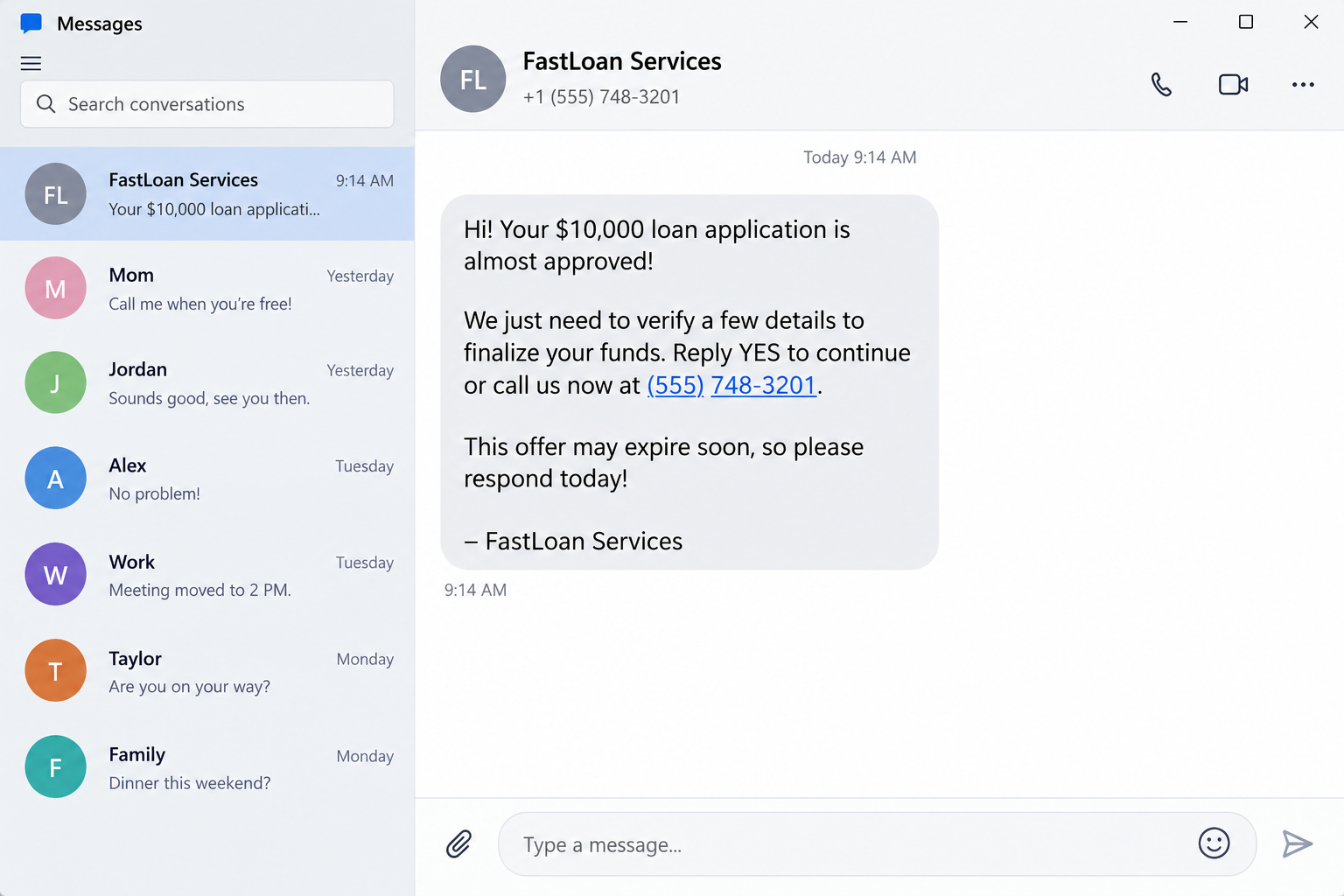 Fictional text message claiming an unrequested loan is nearly approved and asking the recipient to reply